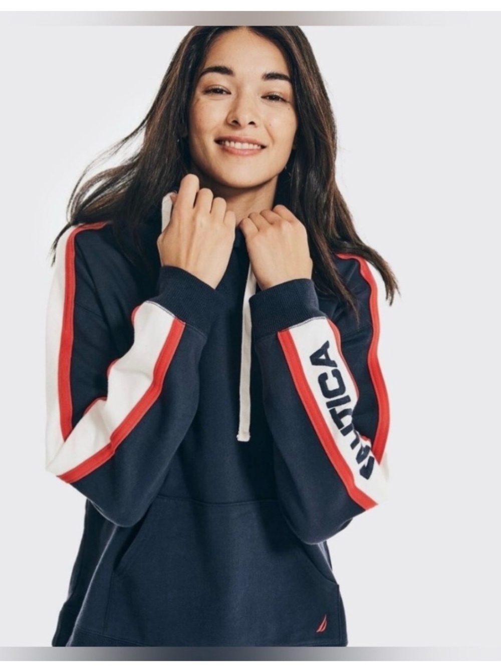 Nautica Navy Hoodie with Red & White Sleeve Stripes